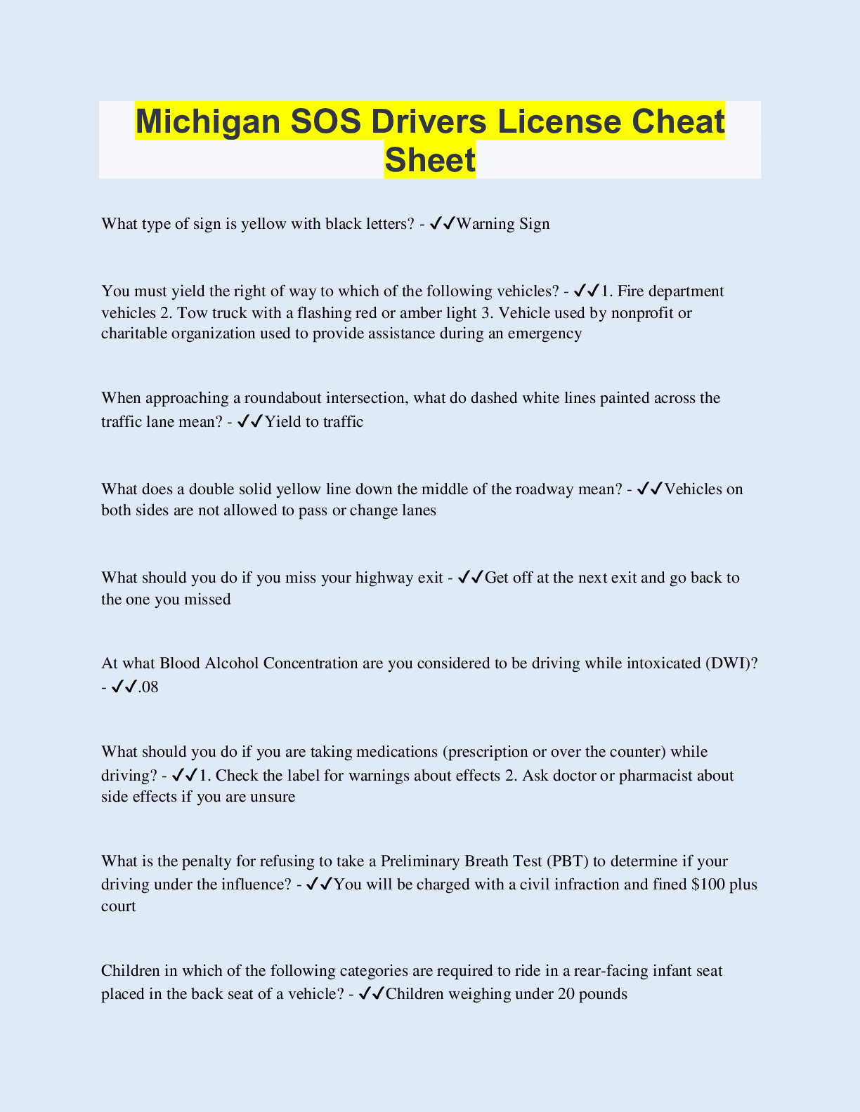 Michigan SOS Drivers License Cheat Sheet 54 Questions with 100